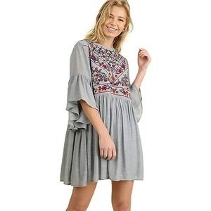 Umgee Boho Embroidered Lagenlook Tunic Dress Size XL Gray Multi